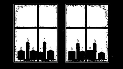 Candle silhouettes through winter windows: nighttime serenity in black and white
