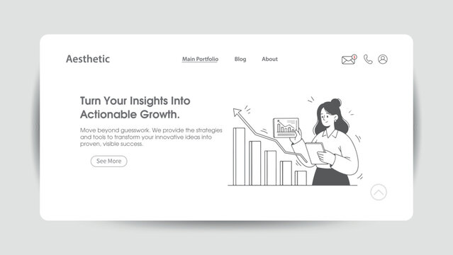 Woman analyzing growth chart with upward arrow on tablet, illustrated in a modern minimalist style for business analytics, financial growth, performance tracking, and professional success concepts