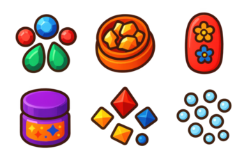 Set of six different colored items, including a purple jar, a blue container