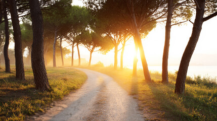 Country road winding through pine forest at golden hour, bright sun rays illuminating atmospheric rural landscape