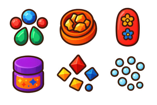 Set of six different colored items, including a purple jar, a blue container - Powered by Adobe