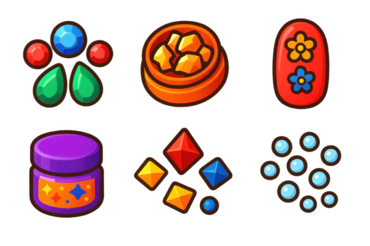 Set of six different colored items, including a purple jar, a blue container