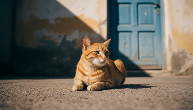 Beautiful ginger tabby cat with green eyes lies peacefully on a warm, sunny pavement, captured in a nostalgic, vintage style with a shallow depth of field