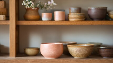 Fototapeta premium Wooden shelf with a variety of ceramic bowls and bowls of different sizes and colors. on the left side of the shelf, there is a vase with small white flowers in it.