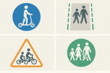 Informative icons depicting various modes of transport highlighting pedestrian paths child safety on scooters and bike paths promoting urban mobility and family friendly transportation solutions