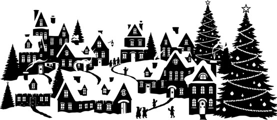 Naklejka premium Christmas, Winter village, Silhouette, Houses, Christmas 