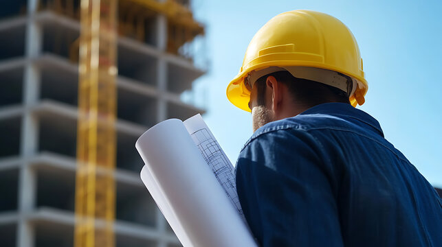 Focused engineer overseeing construction, blueprints in hand, safety helmet on, analyzing progress against sky backdrop. Building the future with precision and vision.