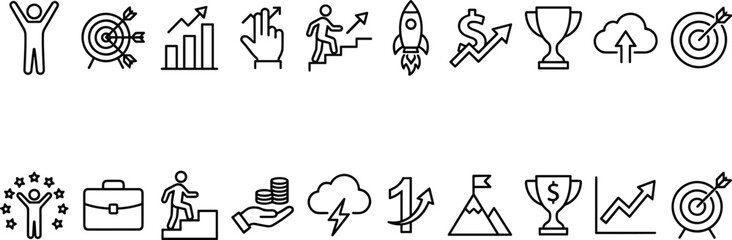Business success and growth line icons collection showing achievement, target goals, financial progress, leadership, motivation and performance symbols for modern vector design