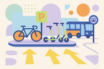 Naklejka premium Urban Mobility Concept with Bicycle and Electric Scooters Displayed on Pavement Near Public Transit Options Representing Sustainable Transportation Solutions