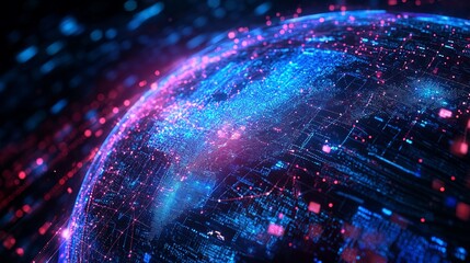 Stunning digital earth with vibrant blue and pink lights, a modern and dynamic representation of global technology and connectivity solutions