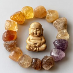 Fototapeta premium Meditating Buddha statue surrounded by colorful gemstones
