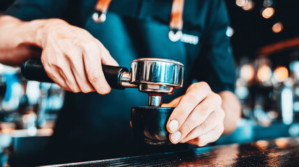 Barista's hands pressing coffee grounds with a tamper in a metal portafilter, ensuring perfect espresso extraction