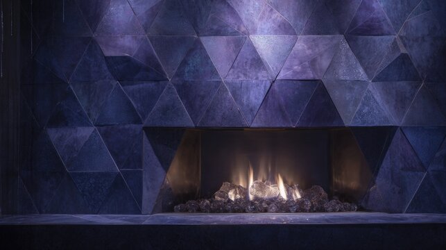 Modern fireplace with a dark blue wall behind it. the wall is made up of multiple triangular tiles arranged in a diamond pattern, creating a geometric and abstract design.