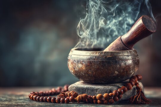 Tibetan singing bowl with incense, a tool for meditation