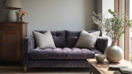 Living room with a purple sofa in the center. the sofa has a tufted backrest and is upholstered in a soft purple fabric. there are two beige throw pillows on the sofa, one on each side.