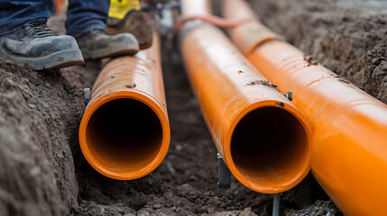 A close-up captures the construction of orange pipes in a trench. Worker's safety boots are seen on the exposed soil. This portrays infrastructure work in progress.
