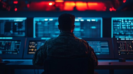 Focused soldier works diligently at high-tech military command center with complex data displays under intense pressure in a strategic operation room