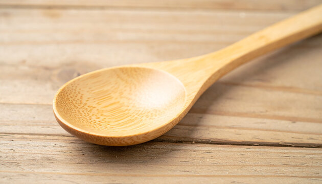 Bamboo spoon on wooden table surface. Eco-friendly kitchenware. Close-up.