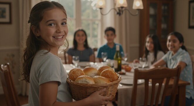 Smiling young girl holding basket of bread rolls for family dinner. Happy Hispanic child serving food at holiday gathering at home