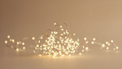 Cluster of glowing star-shaped fairy lights on warm background. Festive Christmas and holiday decoration with bokeh effect. Minimalist banner with copy space for text