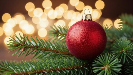 Fototapeta premium Close-up of sparkling red Christmas ornament on fir tree branch. Festive holiday background with golden bokeh lights