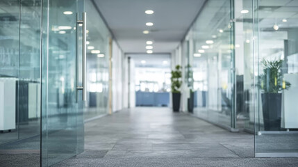 Modern office building interior with empty long corridor, glass walls creating an open and transparent workspace design
