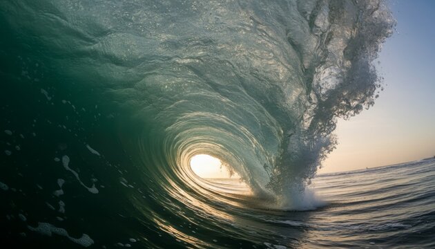 Powerful green ocean wave curling into a perfect barrel with golden sunlight shining through the tube at sunset, creating a dramatic and beautiful natural water vortex