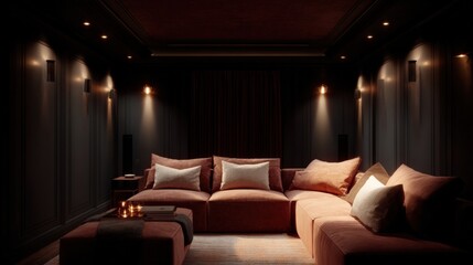 Modern living room with a large sectional sofa in the center. the sofa is upholstered in a soft pink fabric and has several throw pillows on it.