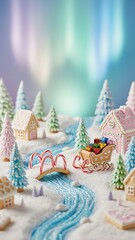 Fototapeta premium Magical gingerbread Christmas village with candy sleigh and presents. Vertical photo of whimsical winter wonderland landscape made of cookies and sweets. Festive holiday food art with pastel aurora