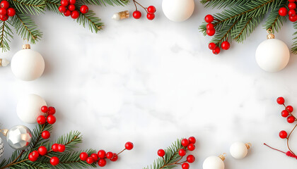 Christmas or New year banner. Pine tree branches, red berry, white balls on marble background top virew. Christmas, New Year, winter holidays concept. Xmas frame, detailed. White tone