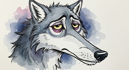 Cartoon wolf character with sad expression in watercolor style  