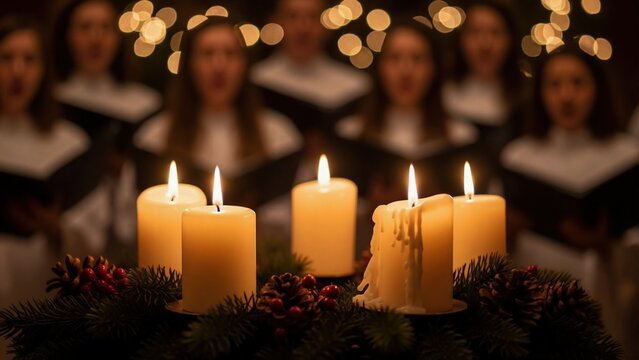 Festive advent wreath with lit candles in foreground of choir singing Christmas carols. Traditional holiday church service. Winter season celebration