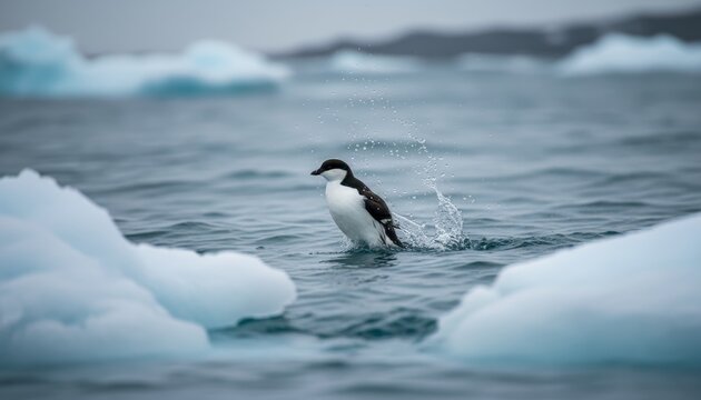 Small black and white Little Auk seabird splashing in the cold polar ocean, creating a dynamic spray of water droplets among floating blue icebergs on an overcast day
