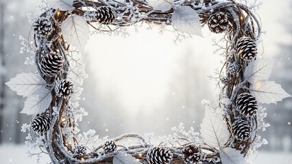 Christmas wreath with snow-covered pine cones and leaves. Winter holiday frame with copy space on bright background