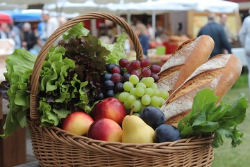 A Wicker Basket Abundantly Filled with Fresh Harvest, Including Bread, Grapes, and a Variety of Produce at an Outdoor Market.