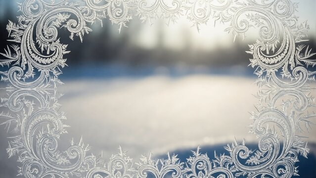 Decorative frost patterns on window creating natural frame. Blurry winter snow landscape in background. Christmas holiday concept with copy space