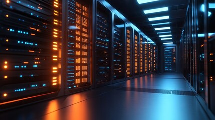 Powerful data servers glowing with information, illuminating a high-tech data center hallway for cybersecurity and cloud computing solutions