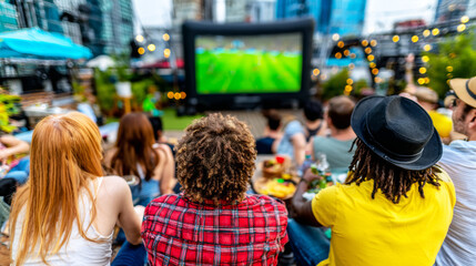 Diverse friends watching a live outdoor sports event on a large inflatable screen at an urban rooftop party