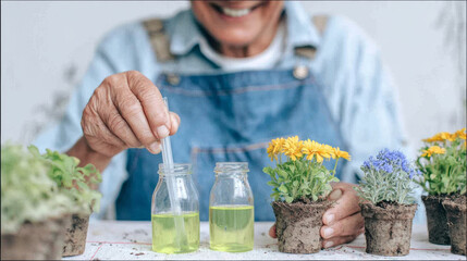 Senior gardener preparing liquid fertilizer for potted plants, caring for hobby flower seedlings