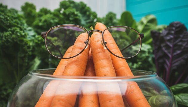 Bunch of fresh orange carrots wearing eyeglasses in a glass bowl creates a humorous concept about healthy eating, nutrition for good vision, and intelligence