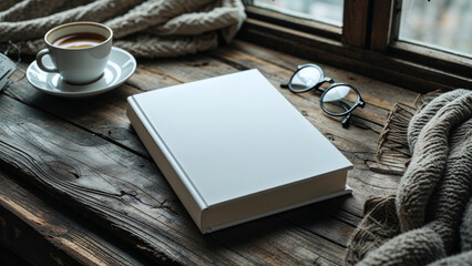 Obraz premium Blank Book Mockup on Rustic Wooden Table with Coffee and Cozy Accessories