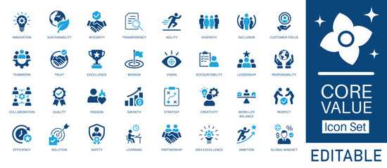 Fototapeta premium Core values and business ethics solid icon set. Contains symbols for Integrity, Agility, Sustainability, and Transparency. Flat vector design for corporate culture and mission statements.