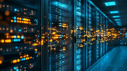 Futuristic server room hosting vital data with glowing lights creates a powerful technology background for innovation and cutting-edge development