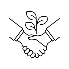 leaf with handshake icon, green deal, environmental agreement, leaves and business partners, thin line symbol on white background - editable stroke vector illustration eps 10