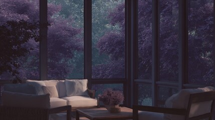 Living room with a large window that offers a view of a garden. the window is made of glass and has multiple panes that allow natural light to enter the room.