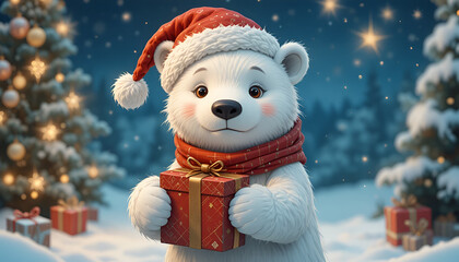 Adorable cartoon polar bear wearing a santa hat and scarf holds a festive gift box outdoors in winter