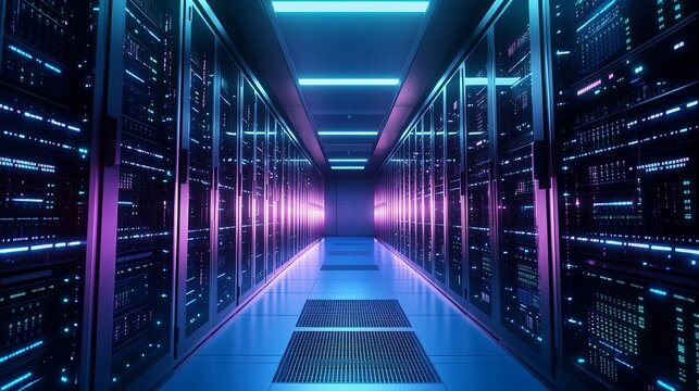 Modern data center interior with vibrant neon lights creates a futuristic technology environment for digital storage and cloud solutions