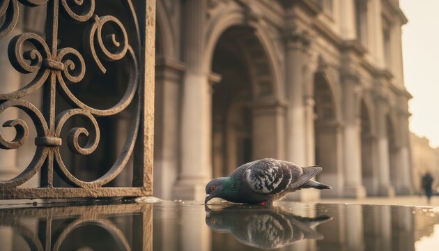 Beautiful urban pigeon with iridescent feathers drinks from a puddle, its reflection shimmering on the wet pavement of a historic city square during a warm, golden sunrise - Powered by Adobe