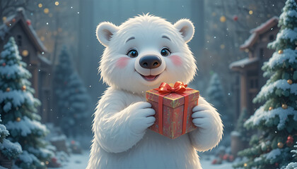 Adorable fluffy white polar bear cub happily holding a bright red Christmas gift in a snowy village setting