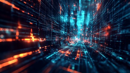 Immersive digital tunnel with vibrant glowing lines, perfect for futuristic technology presentations or cutting-edge innovation concepts